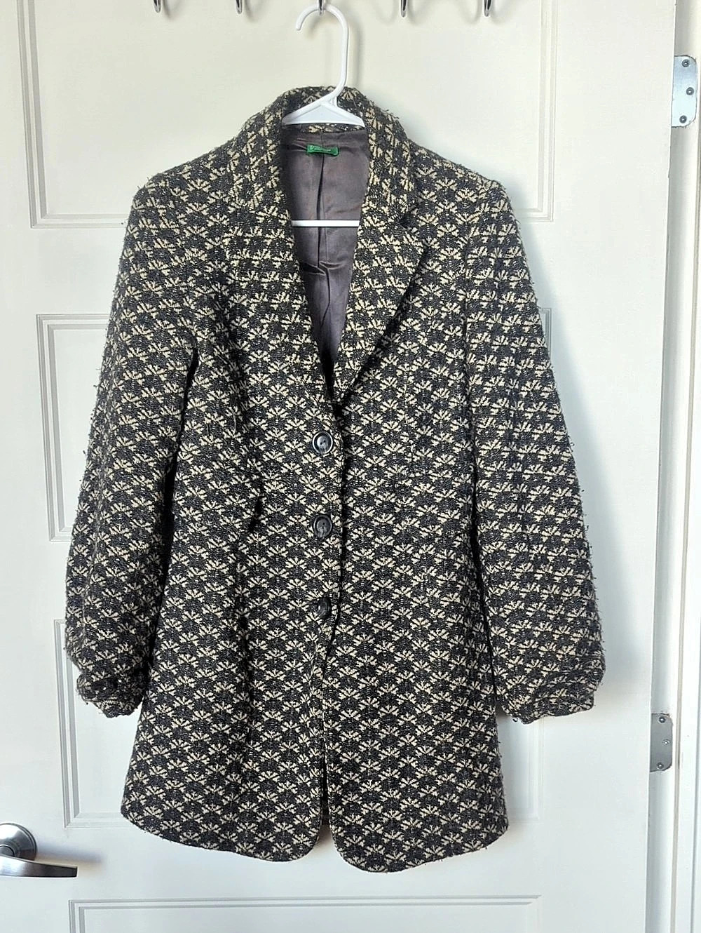 United Colors of Benetton Patterned Coat in Black & Cream